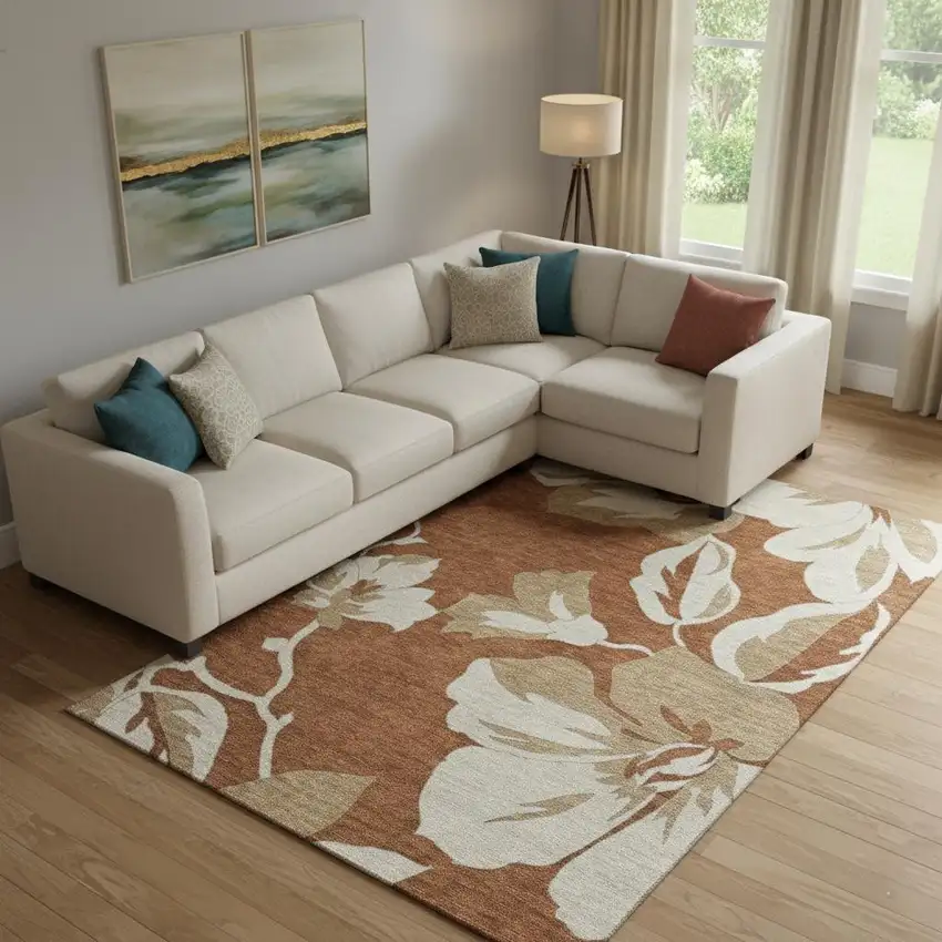 Terra Cotta And Beige Floral Washable Area Rug With UV Protection Photo 1
