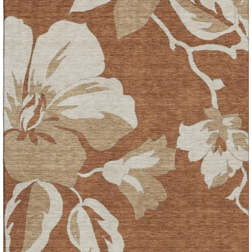 Terra Cotta And Beige Floral Washable Area Rug With UV Protection Photo 4