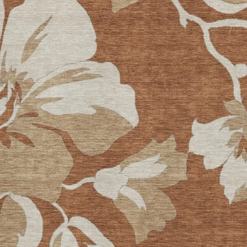 Terra Cotta And Beige Floral Washable Area Rug With UV Protection Photo 3