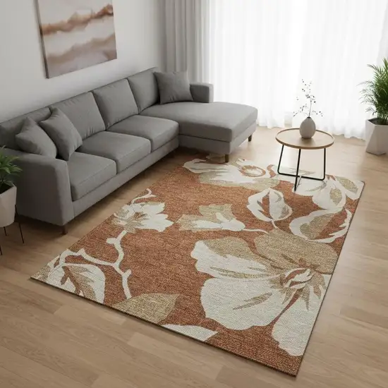 Terra Cotta And Beige Floral Washable Area Rug With UV Protection Photo 2