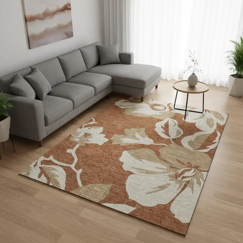 Terra Cotta And Beige Floral Washable Area Rug With UV Protection Photo 2