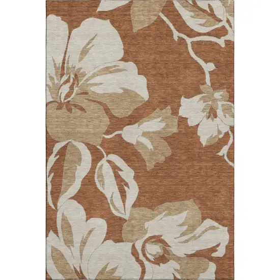 Terra Cotta And Beige Floral Washable Area Rug With UV Protection Photo 1