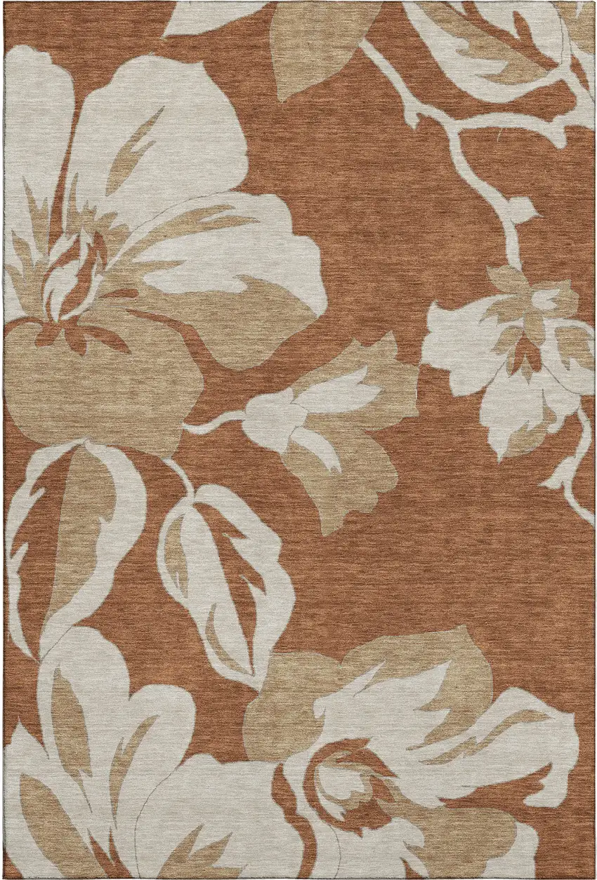 Terra Cotta And Beige Floral Washable Area Rug With UV Protection Photo 1