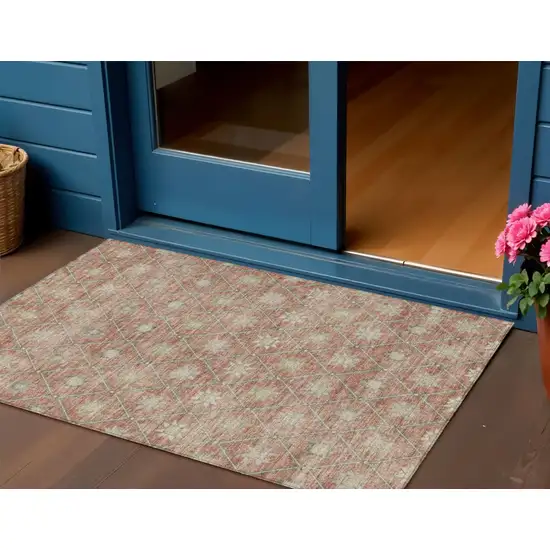 Terra Cotta And Beige Floral Washable Indoor Outdoor Area Rug Photo 2
