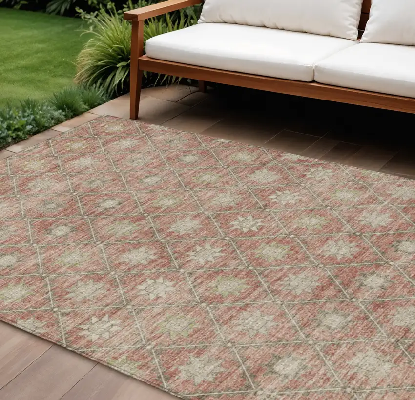 Terra Cotta And Beige Floral Washable Indoor Outdoor Area Rug Photo 2