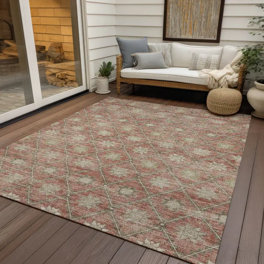 Terra Cotta And Beige Floral Washable Indoor Outdoor Area Rug Photo 6