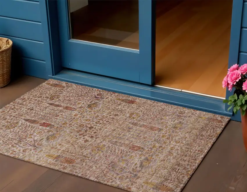 Terra Cotta And Beige Floral Washable Indoor Outdoor Area Rug Photo 2