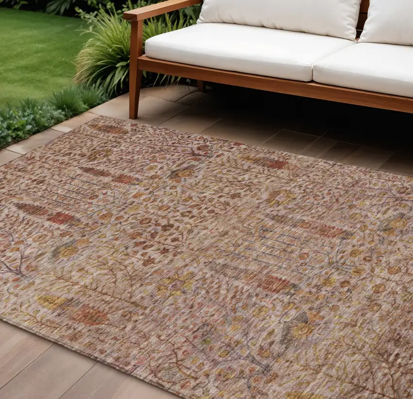 Terra Cotta And Beige Floral Washable Indoor Outdoor Area Rug Photo 2