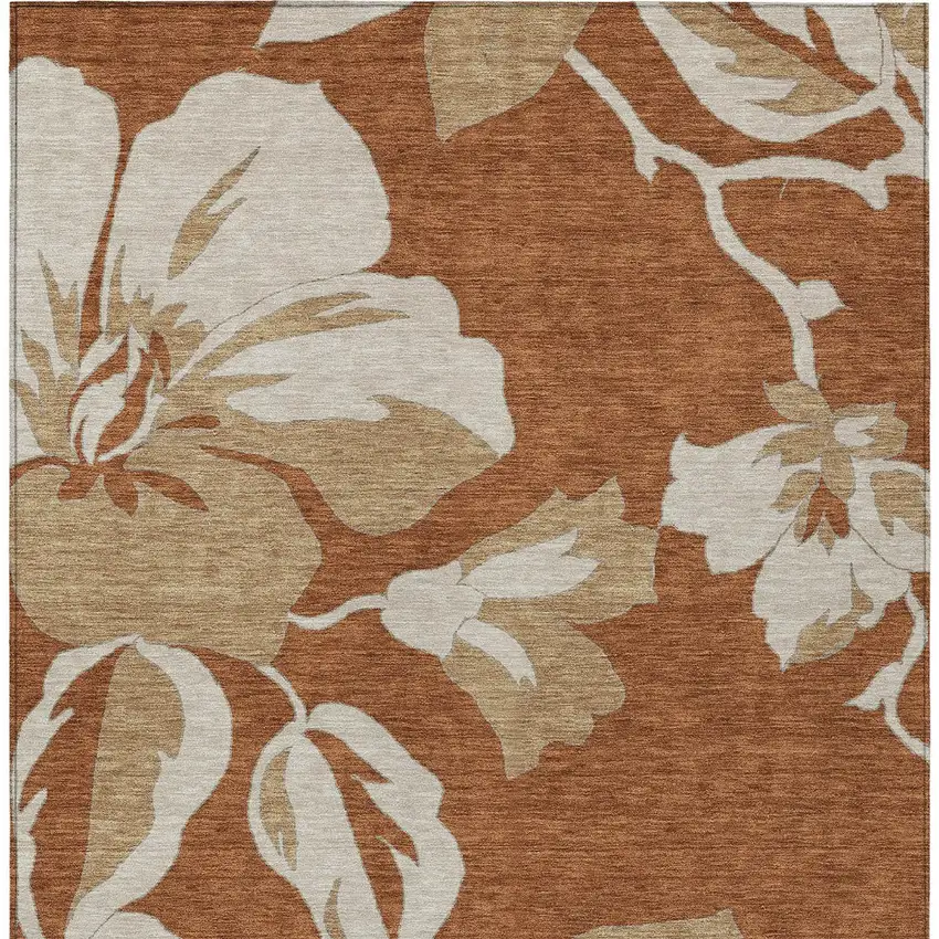 Terra Cotta And Beige Floral Washable Indoor Outdoor Area Rug Photo 8