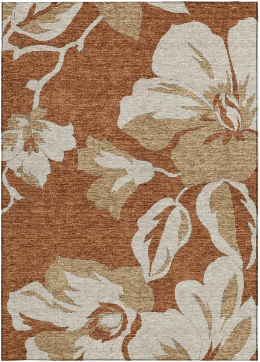 Terra Cotta And Beige Floral Washable Indoor Outdoor Area Rug Photo 8