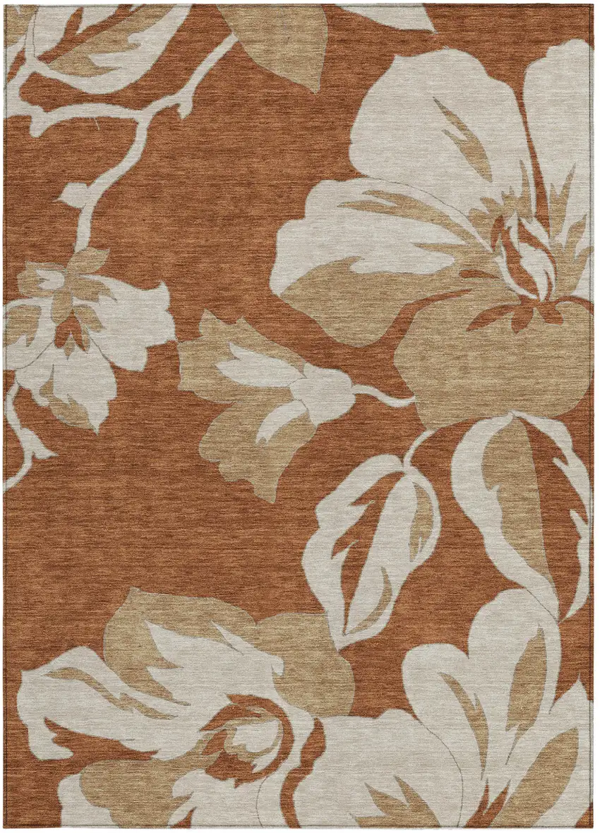 Terra Cotta And Beige Floral Washable Indoor Outdoor Area Rug Photo 8