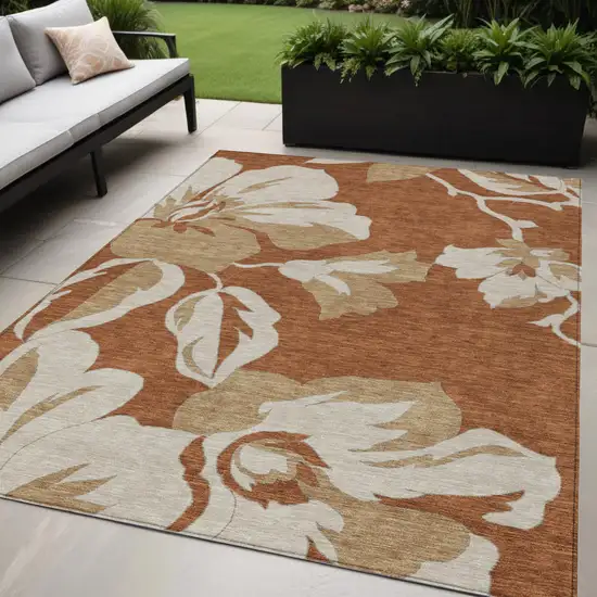 Terra Cotta And Beige Floral Washable Indoor Outdoor Area Rug Photo 1