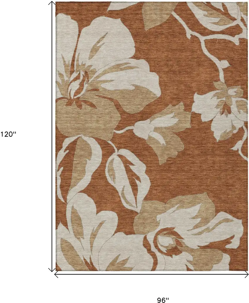 Terra Cotta And Beige Floral Washable Indoor Outdoor Area Rug Photo 3