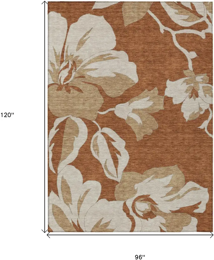 Terra Cotta And Beige Floral Washable Indoor Outdoor Area Rug Photo 3