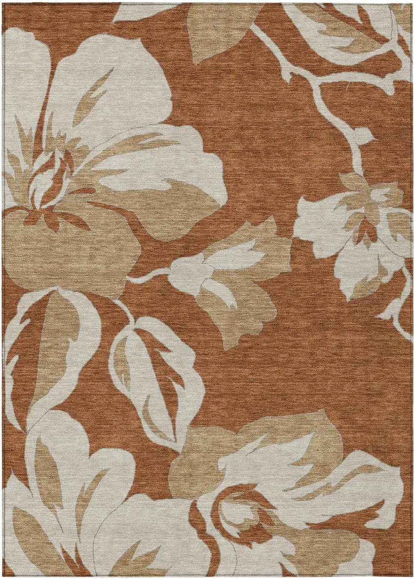 Terra Cotta And Beige Floral Washable Indoor Outdoor Area Rug Photo 2