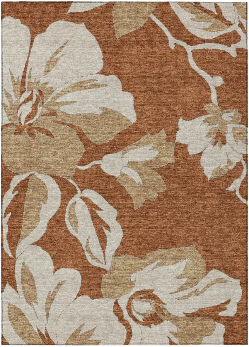 Terra Cotta And Beige Floral Washable Indoor Outdoor Area Rug Photo 2