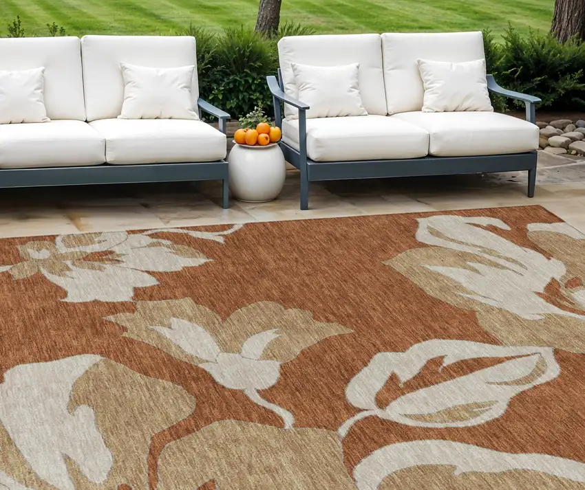 Terra Cotta And Beige Floral Washable Indoor Outdoor Area Rug Photo 1