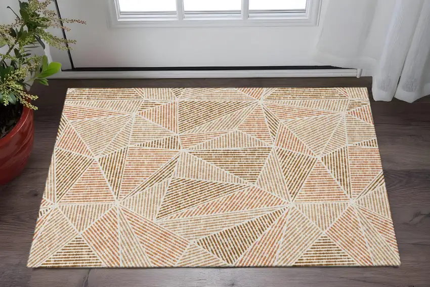 Terra Cotta And Beige Geometric Washable Area Rug With UV Protection Photo 2