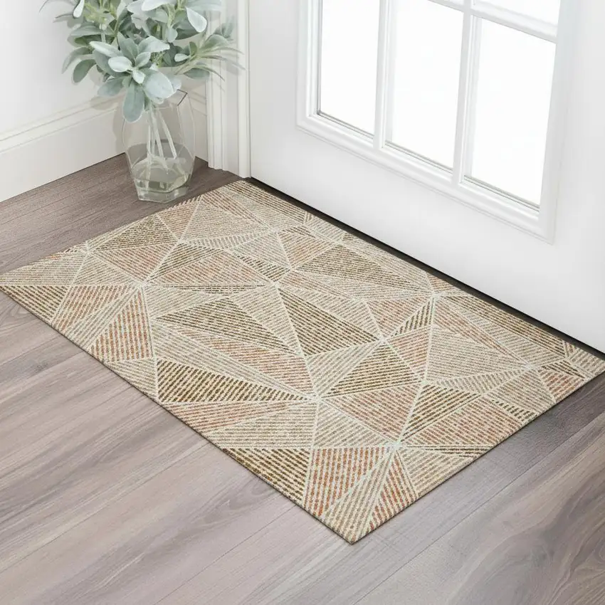 Terra Cotta And Beige Geometric Washable Area Rug With UV Protection Photo 1