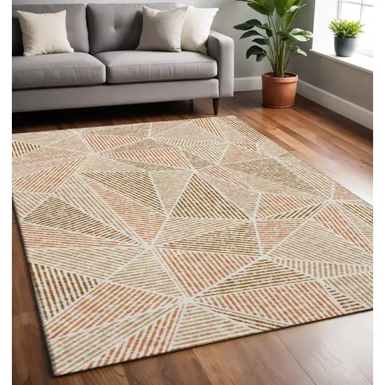 Terra Cotta And Beige Geometric Washable Area Rug With UV Protection Photo 2