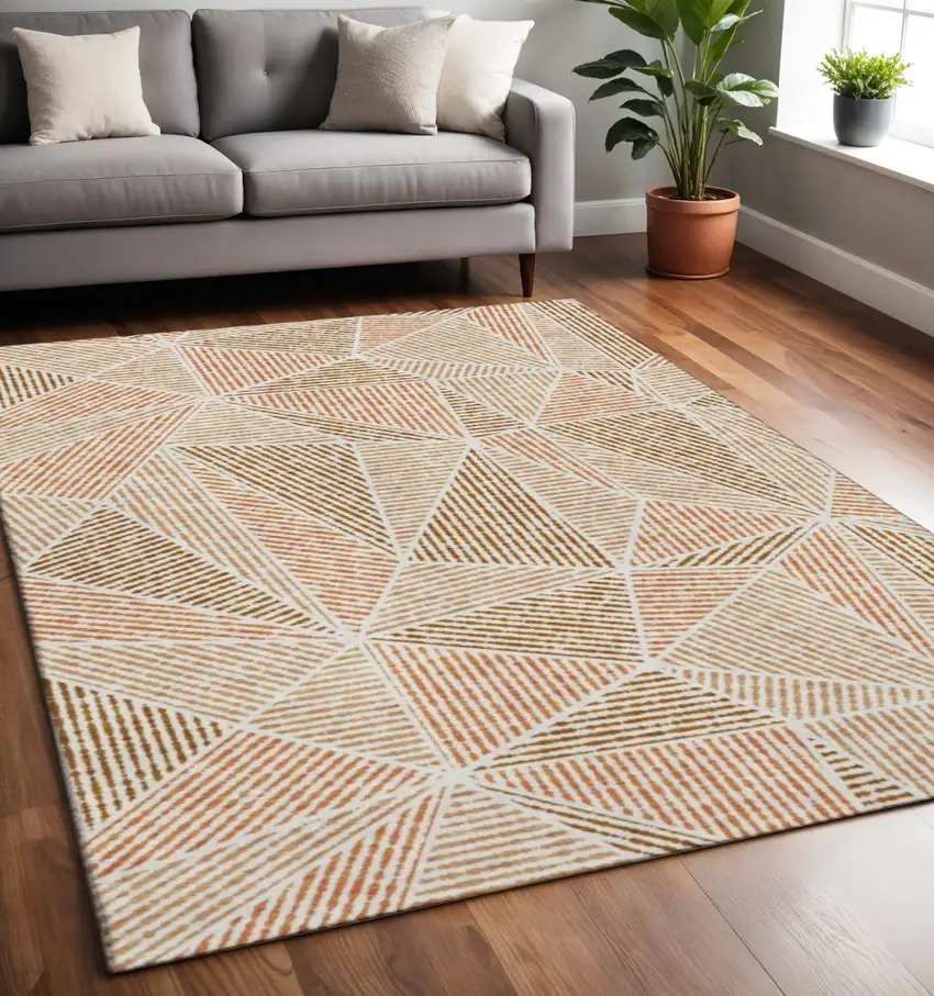 Terra Cotta And Beige Geometric Washable Area Rug With UV Protection Photo 2