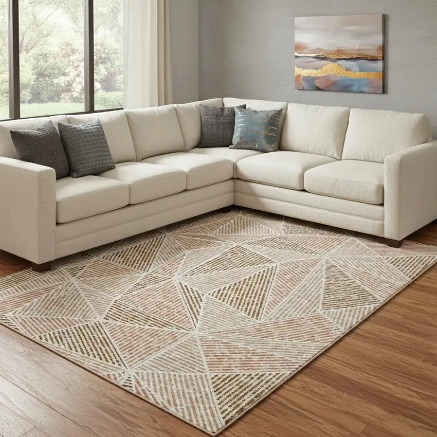 Terra Cotta And Beige Geometric Washable Area Rug With UV Protection Photo 1