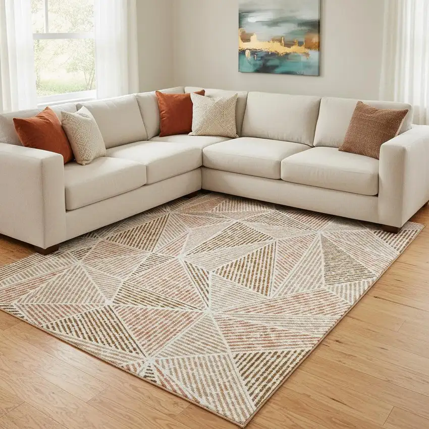 Terra Cotta And Beige Geometric Washable Area Rug With UV Protection Photo 1