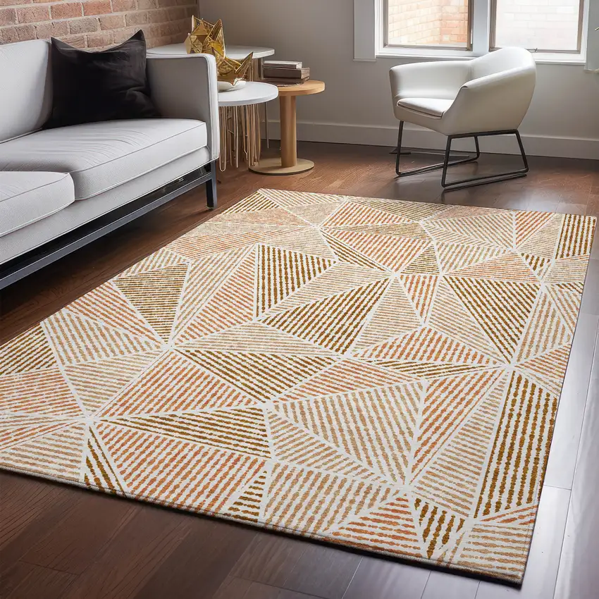 Terra Cotta And Beige Geometric Washable Area Rug With UV Protection Photo 5