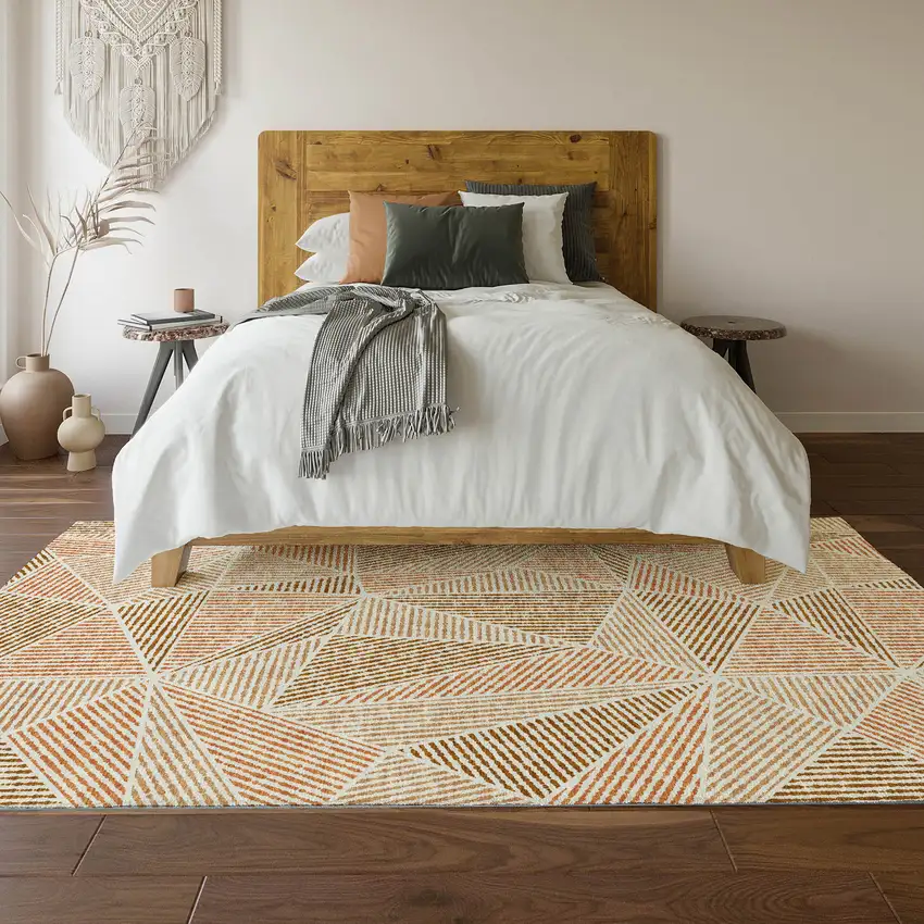 Terra Cotta And Beige Geometric Washable Area Rug With UV Protection Photo 6