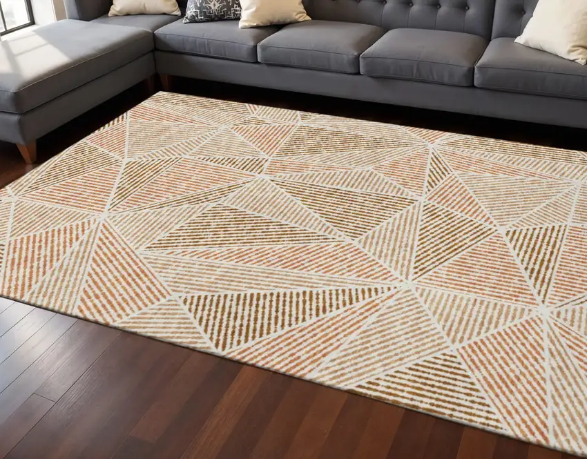 Terra Cotta And Beige Geometric Washable Area Rug With UV Protection Photo 2