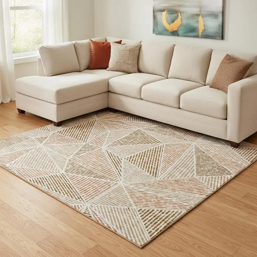 Terra Cotta And Beige Geometric Washable Area Rug With UV Protection Photo 1
