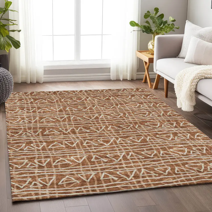 Terra Cotta And Beige Geometric Washable Area Rug With UV Protection Photo 5