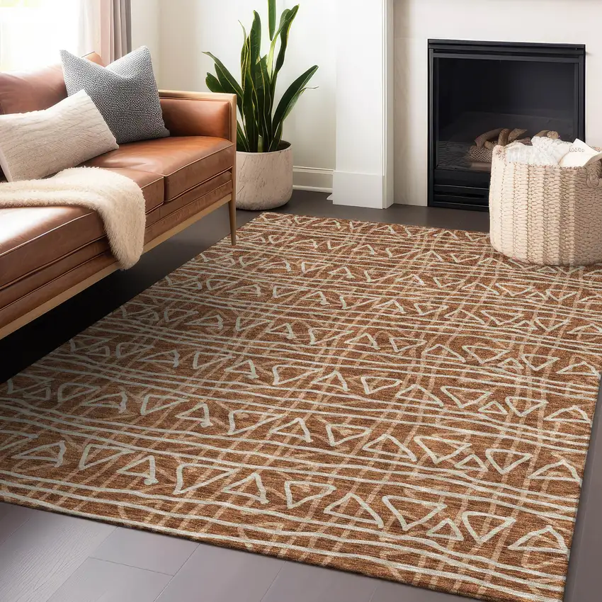 Terra Cotta And Beige Geometric Washable Area Rug With UV Protection Photo 6
