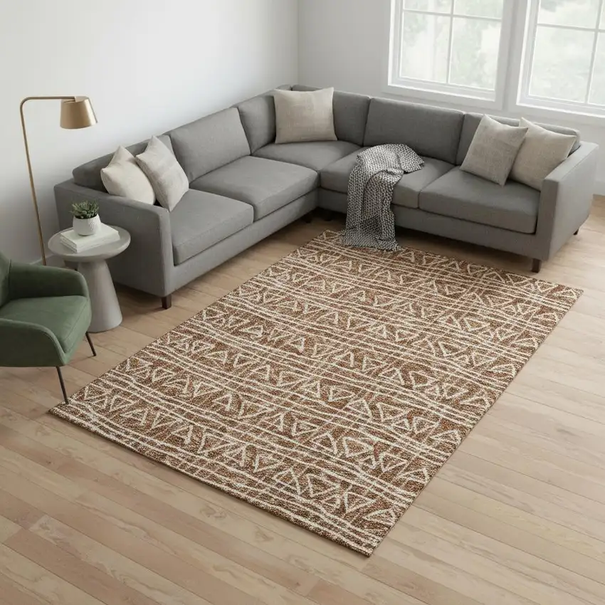 Terra Cotta And Beige Geometric Washable Area Rug With UV Protection Photo 2