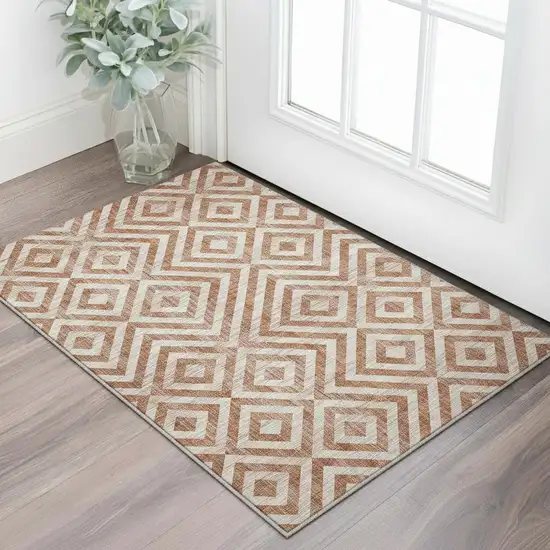 Terra Cotta And Beige Geometric Washable Area Rug With UV Protection Photo 2