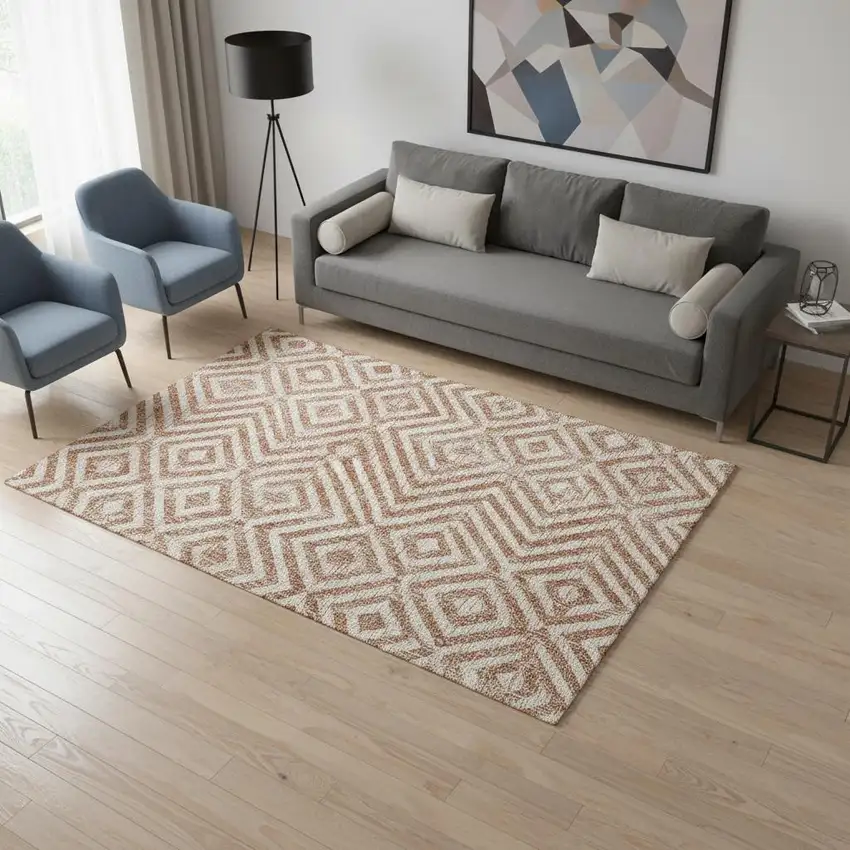 Terra Cotta And Beige Geometric Washable Area Rug With UV Protection Photo 2