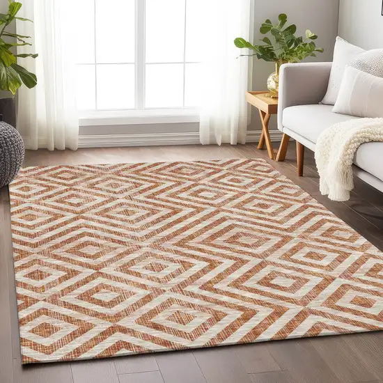 Terra Cotta And Beige Geometric Washable Area Rug With UV Protection Photo 5