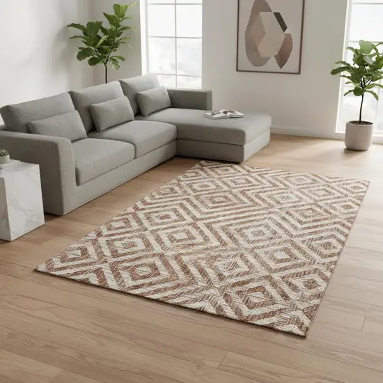 Terra Cotta And Beige Geometric Washable Area Rug With UV Protection Photo 2
