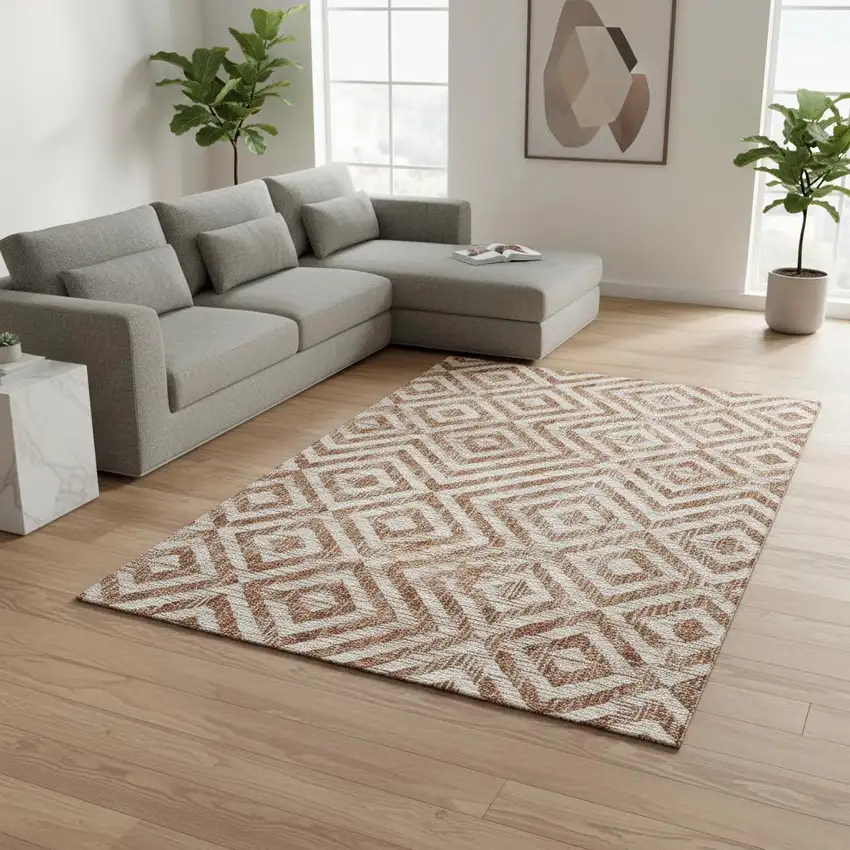 Terra Cotta And Beige Geometric Washable Area Rug With UV Protection Photo 2