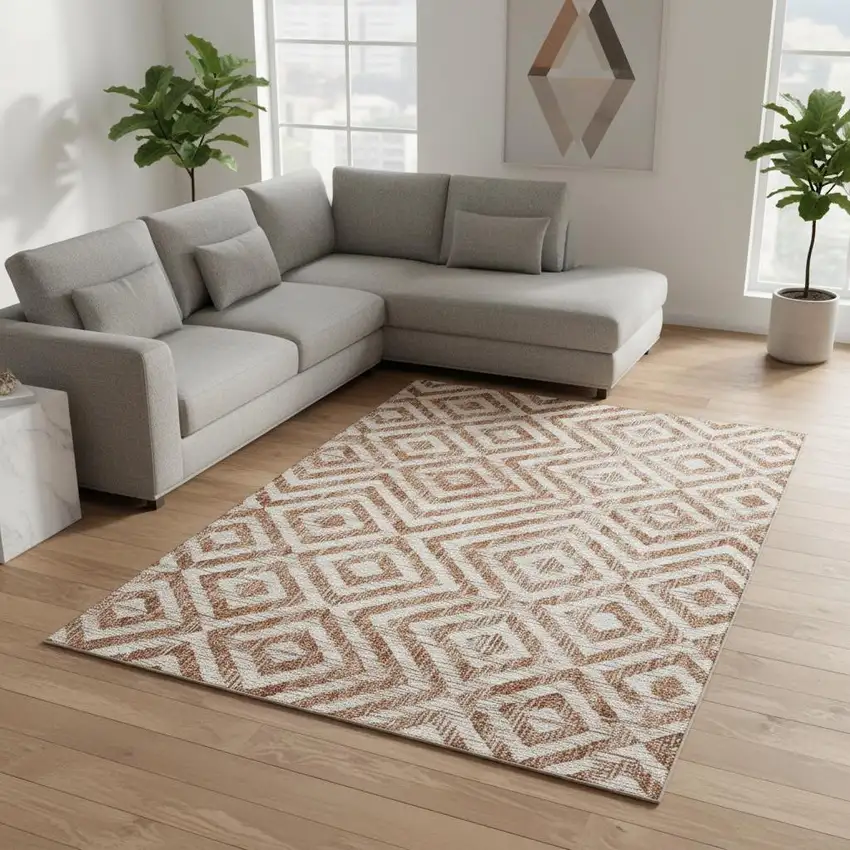 Terra Cotta And Beige Geometric Washable Area Rug With UV Protection Photo 2