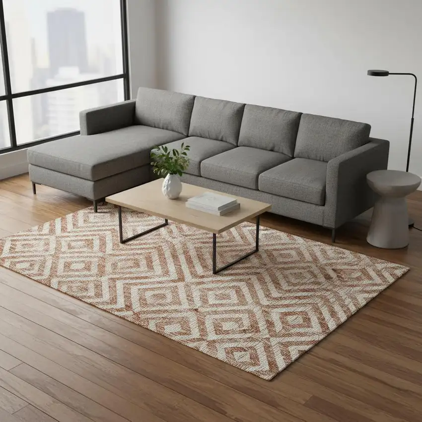 Terra Cotta And Beige Geometric Washable Area Rug With UV Protection Photo 2