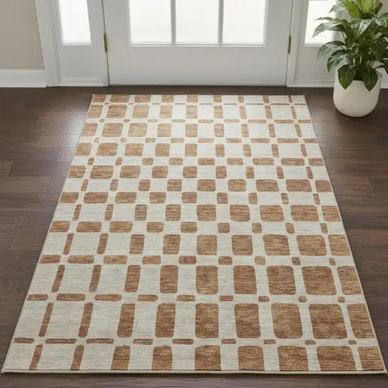 Terra Cotta And Beige Geometric Washable Area Rug With UV Protection Photo 2