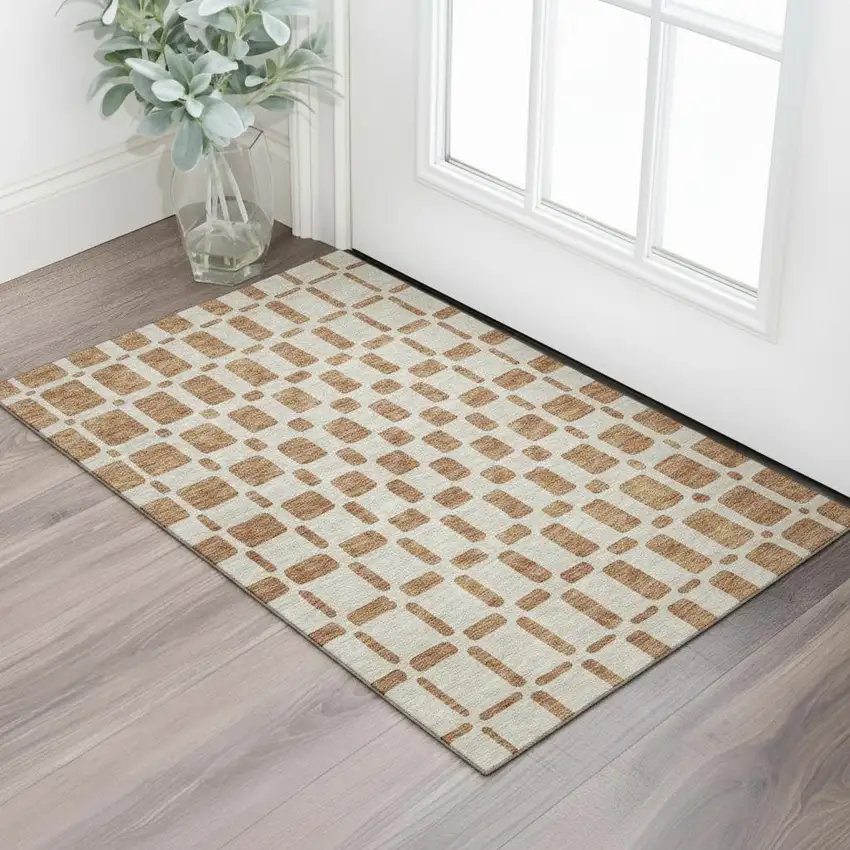 Terra Cotta And Beige Geometric Washable Area Rug With UV Protection Photo 1
