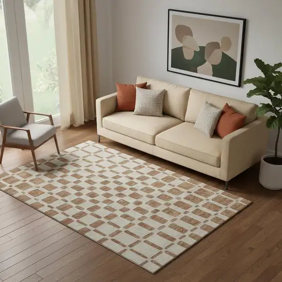 Terra Cotta And Beige Geometric Washable Area Rug With UV Protection Photo 1