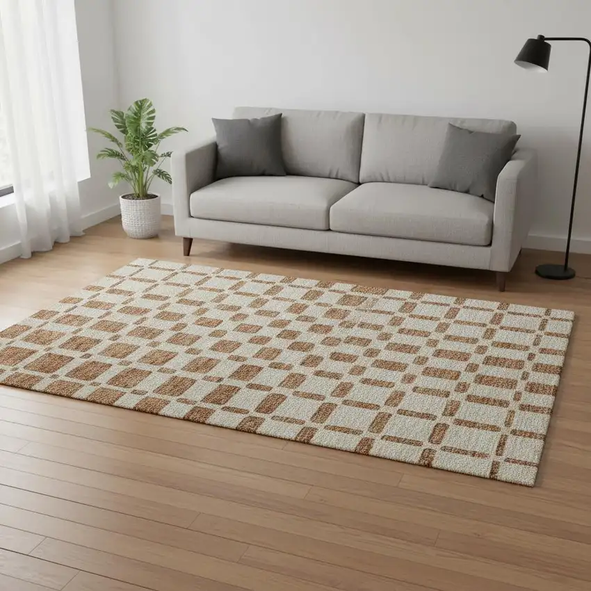 Terra Cotta And Beige Geometric Washable Area Rug With UV Protection Photo 2