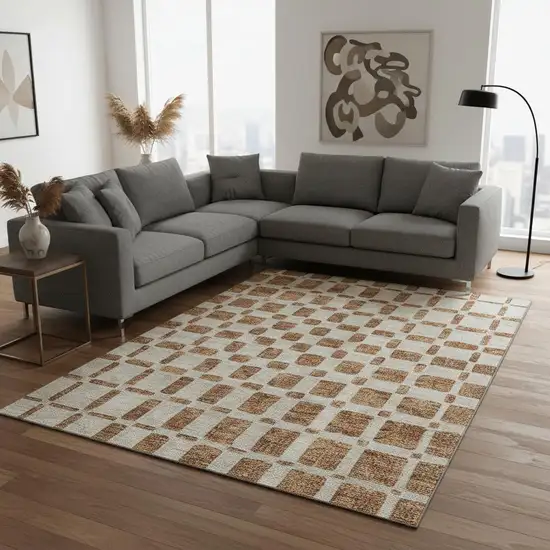Terra Cotta And Beige Geometric Washable Area Rug With UV Protection Photo 2