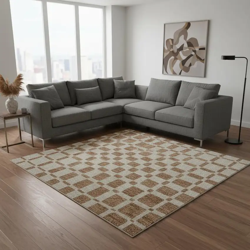 Terra Cotta And Beige Geometric Washable Area Rug With UV Protection Photo 2