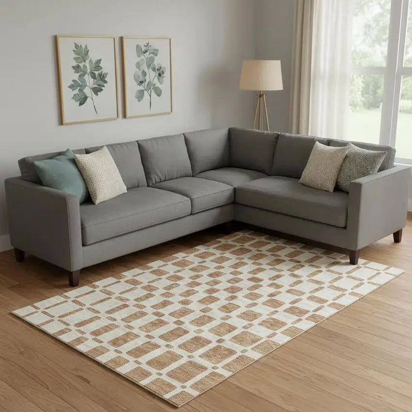 Terra Cotta And Beige Geometric Washable Area Rug With UV Protection Photo 1