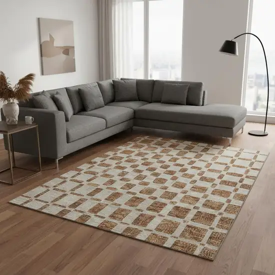 Terra Cotta And Beige Geometric Washable Area Rug With UV Protection Photo 2
