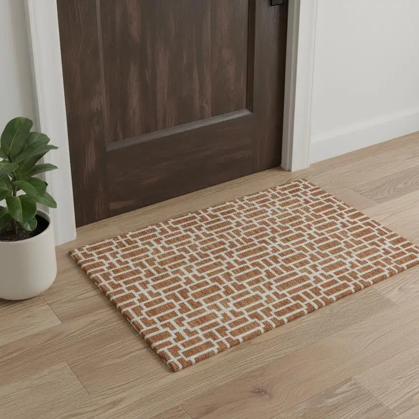 Terra Cotta And Beige Geometric Washable Area Rug With UV Protection Photo 1